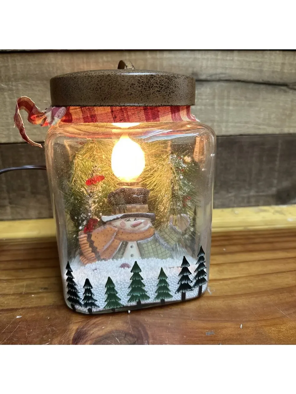 Primitive Country Snowman Light Up Glass Jar With Christmas Tree- In Box